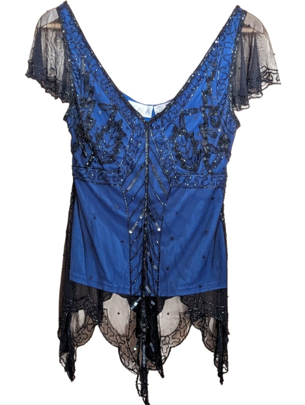 Scala Blue and Black Beaded V-Neck Tunic Lace Overlay Whimsigoth Fairy Blue S